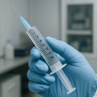 Gloved hand holding a syringe.